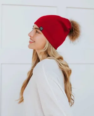 Fine Knit Angora Fur Pom Slouchy Beanie Red