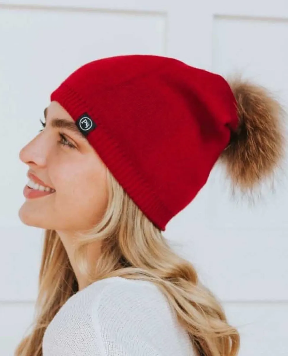 Fine Knit Angora Fur Pom Slouchy Beanie Red
