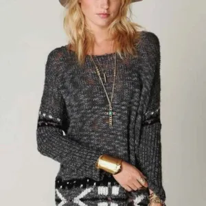 FREE PEOPLE Grey Open Weave 'Fair Isle' Chunky Oversized Sweater, Size M