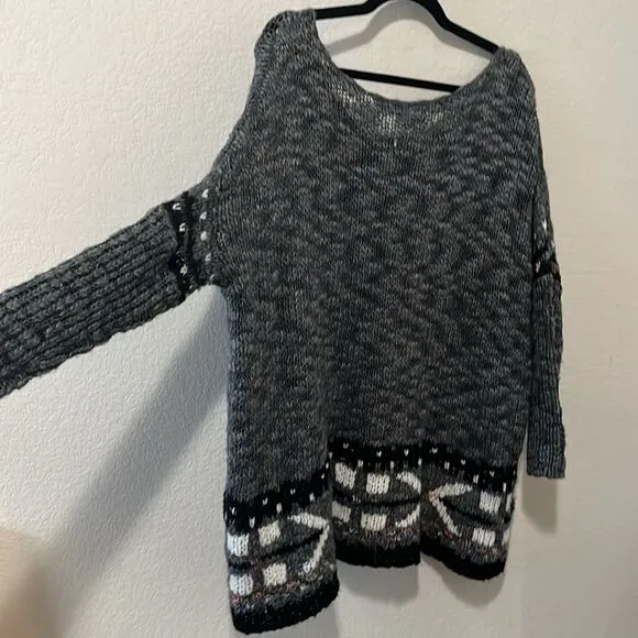 FREE PEOPLE Grey Open Weave 'Fair Isle' Chunky Oversized Sweater, Size M