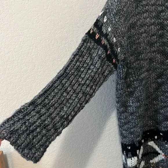 FREE PEOPLE Grey Open Weave 'Fair Isle' Chunky Oversized Sweater, Size M