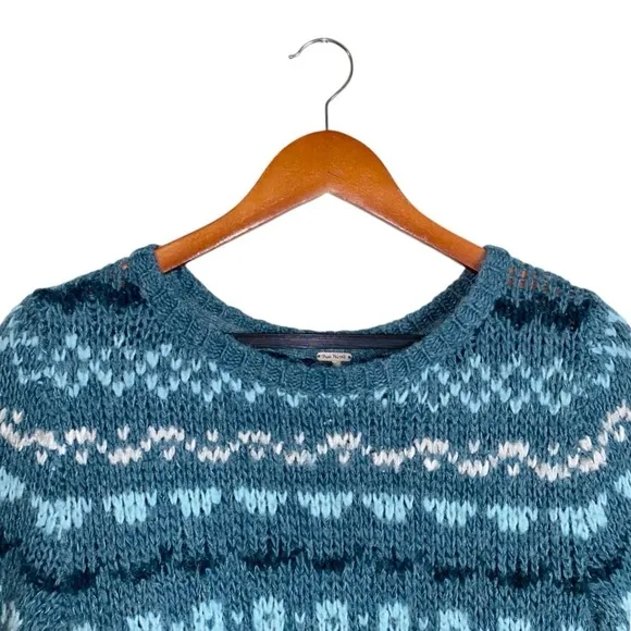 Free People Through the Storm Sea Blue Fair Isle Chunky Knit Long Sleeve Sweater