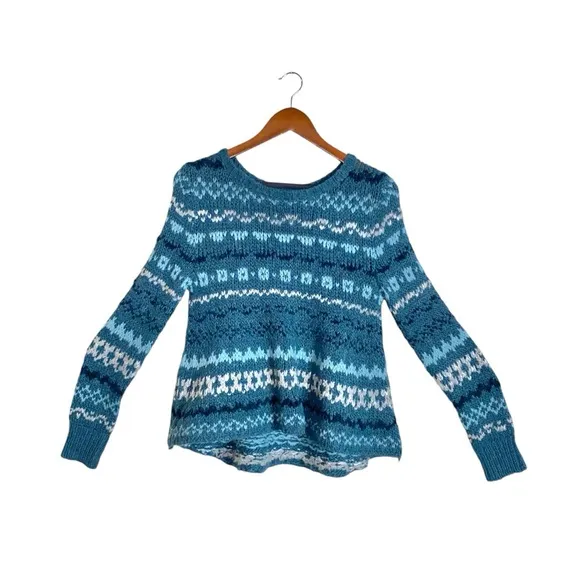 Free People Through the Storm Sea Blue Fair Isle Chunky Knit Long Sleeve Sweater