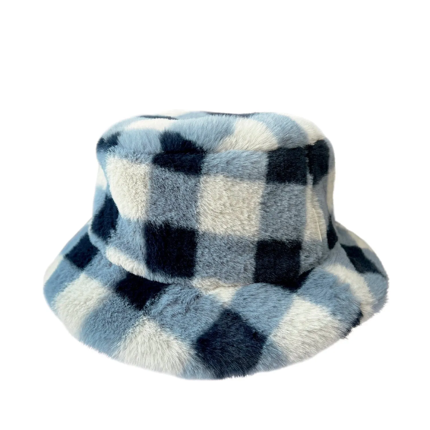Furry Check Bucket Hat - Blue 3-6yrs