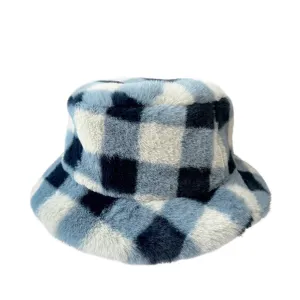 Furry Check Bucket Hat - Blue 3-6yrs