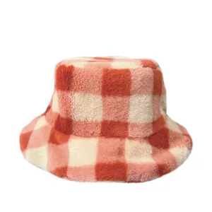Furry Check Bucket Hat - Coral 3-6yrs and 7-10yrs