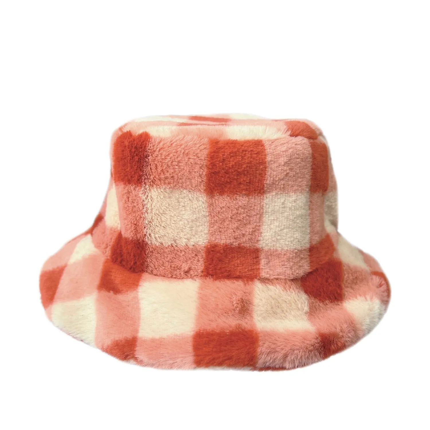 Furry Check Bucket Hat - Coral 3-6yrs and 7-10yrs