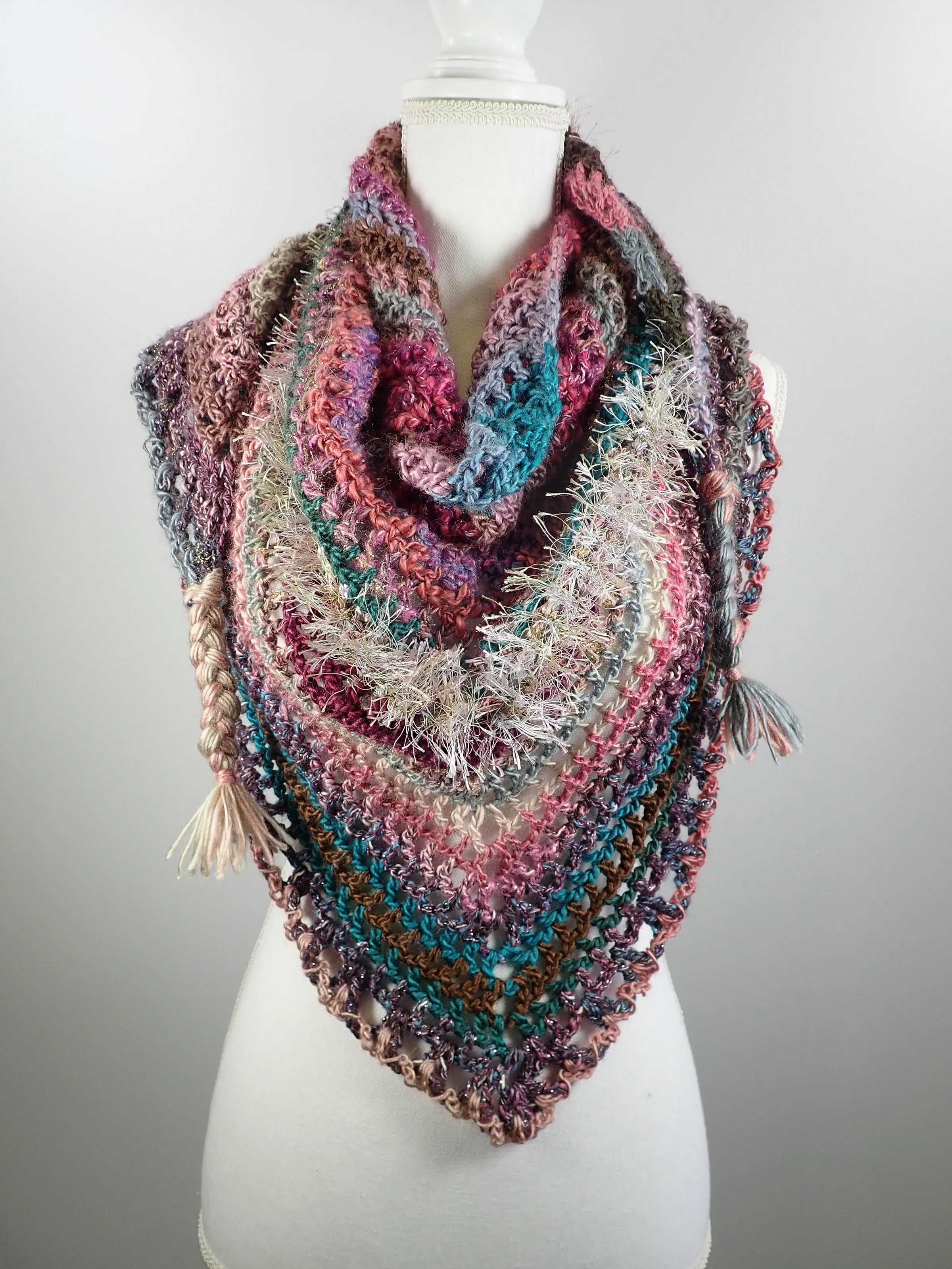 Gifts for Her. Womens Triangle Scarf Shawl. Chunky Crochet Wool Cowl Scarf. Hand Crocheted Scarf. Colorful triangle Scarf. Granny squares