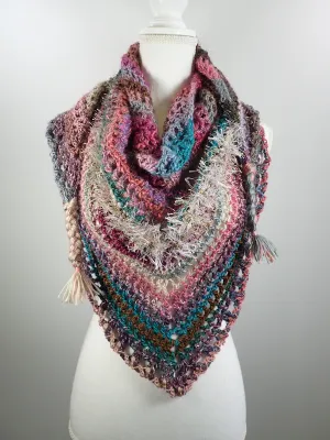 Gifts for Her. Womens Triangle Scarf Shawl. Chunky Crochet Wool Cowl Scarf. Hand Crocheted Scarf. Colorful triangle Scarf. Granny squares