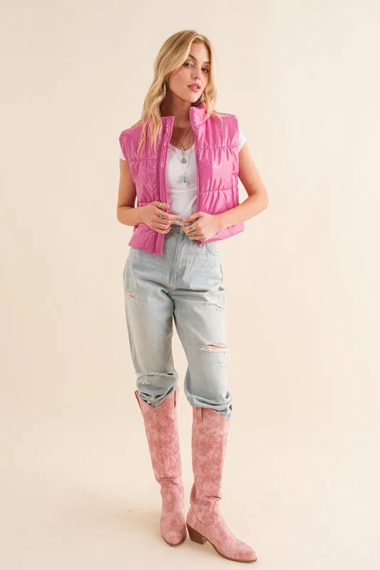 Gloss Puffer Zip Up Crop Vest