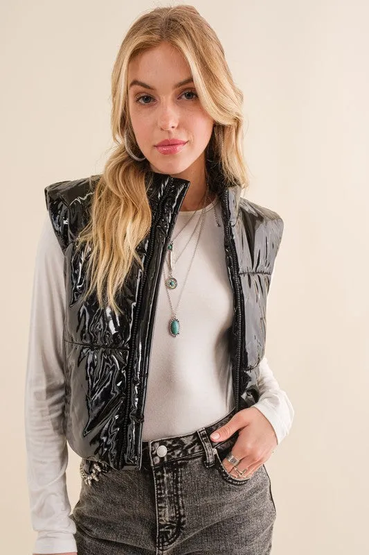Gloss Puffer Zip Up Crop Vest