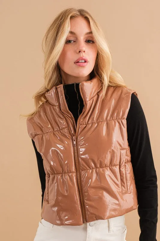 Gloss Puffer Zip Up Crop Vest