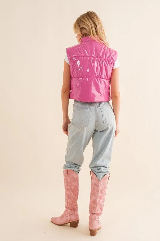 Gloss Puffer Zip Up Crop Vest