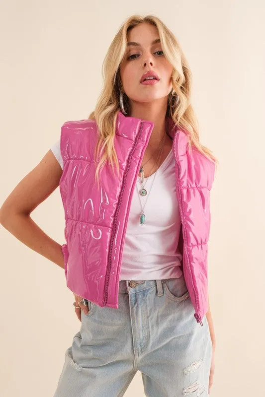 Gloss Puffer Zip Up Crop Vest
