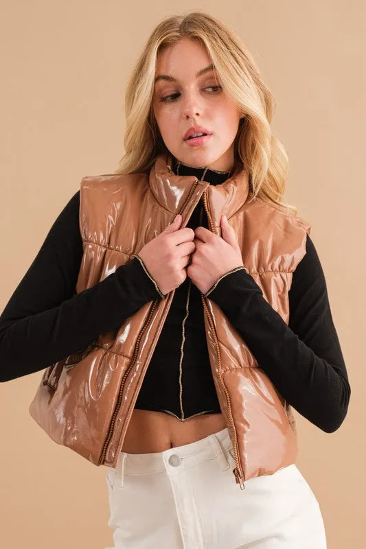 Gloss Puffer Zip Up Crop Vest