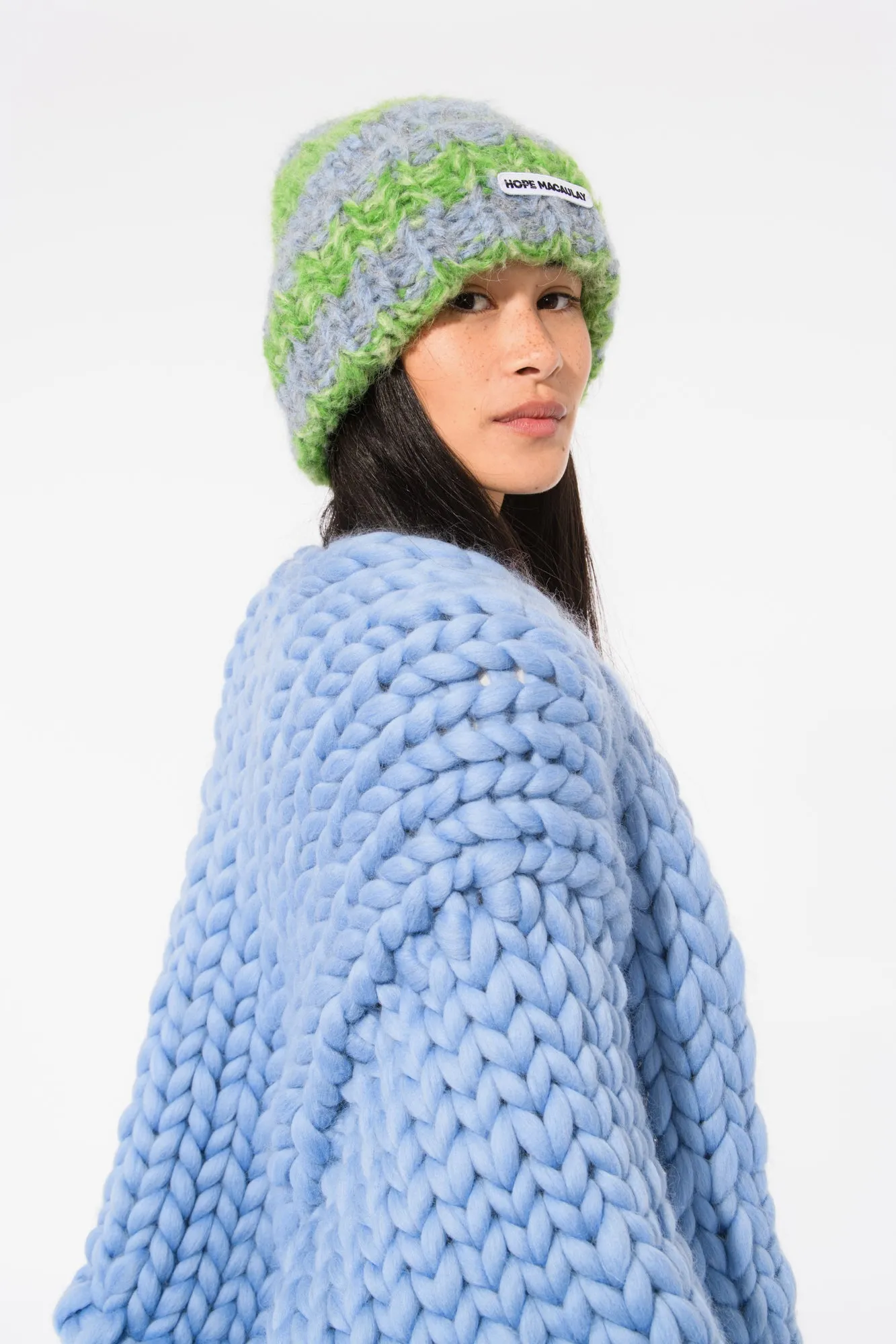Green and Blue Fluffy Knit Beanie