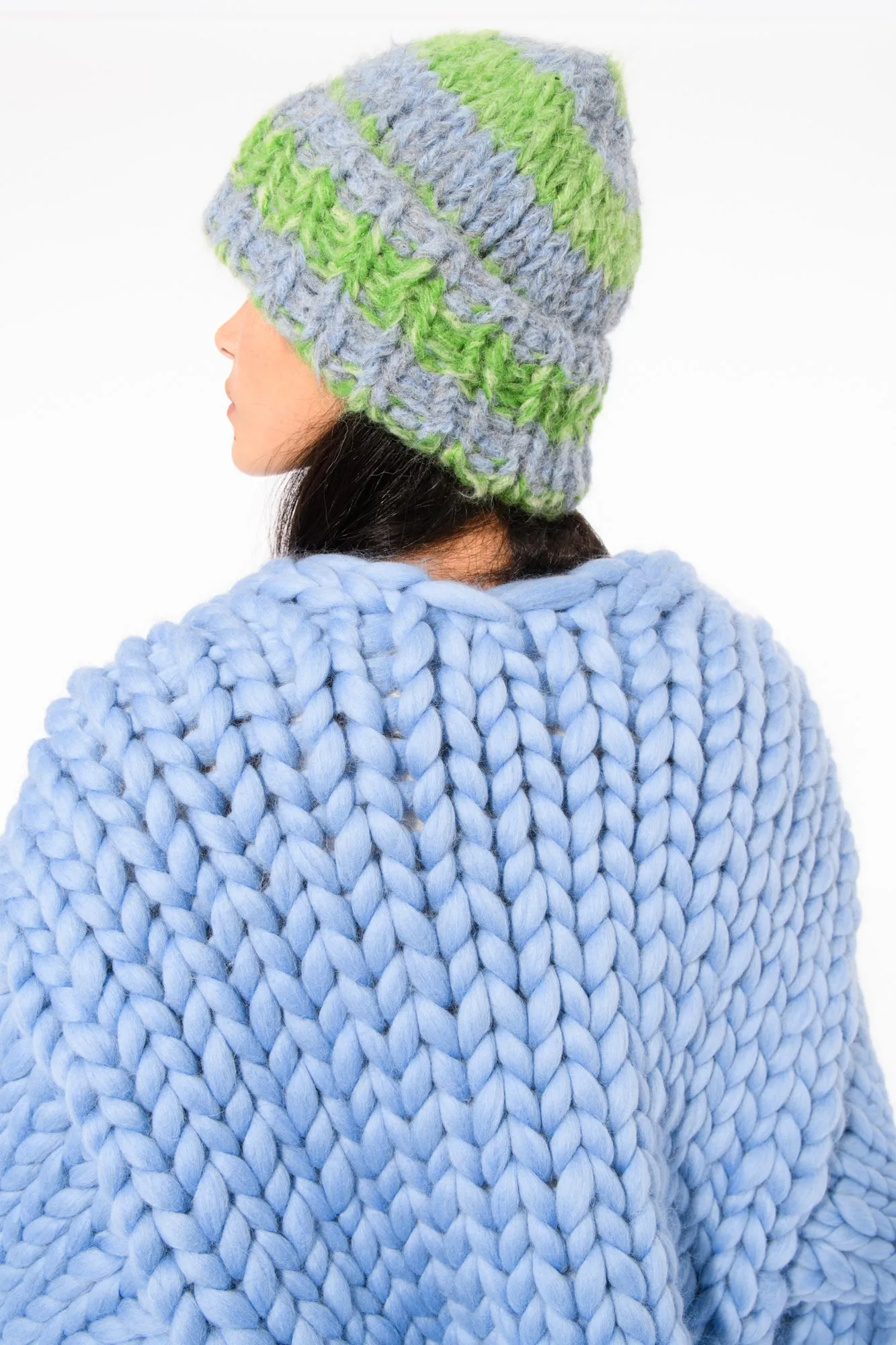 Green and Blue Fluffy Knit Beanie