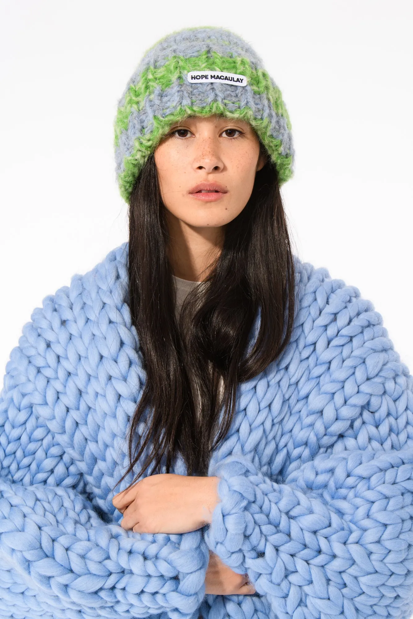 Green and Blue Fluffy Knit Beanie