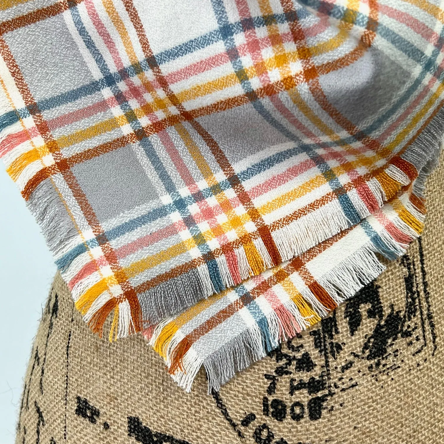 Grey, Ivory, Turmeric, Nutmeg, Blue and Pink 100% Organic Cotton Plaid Infinity and Blanket Scarves