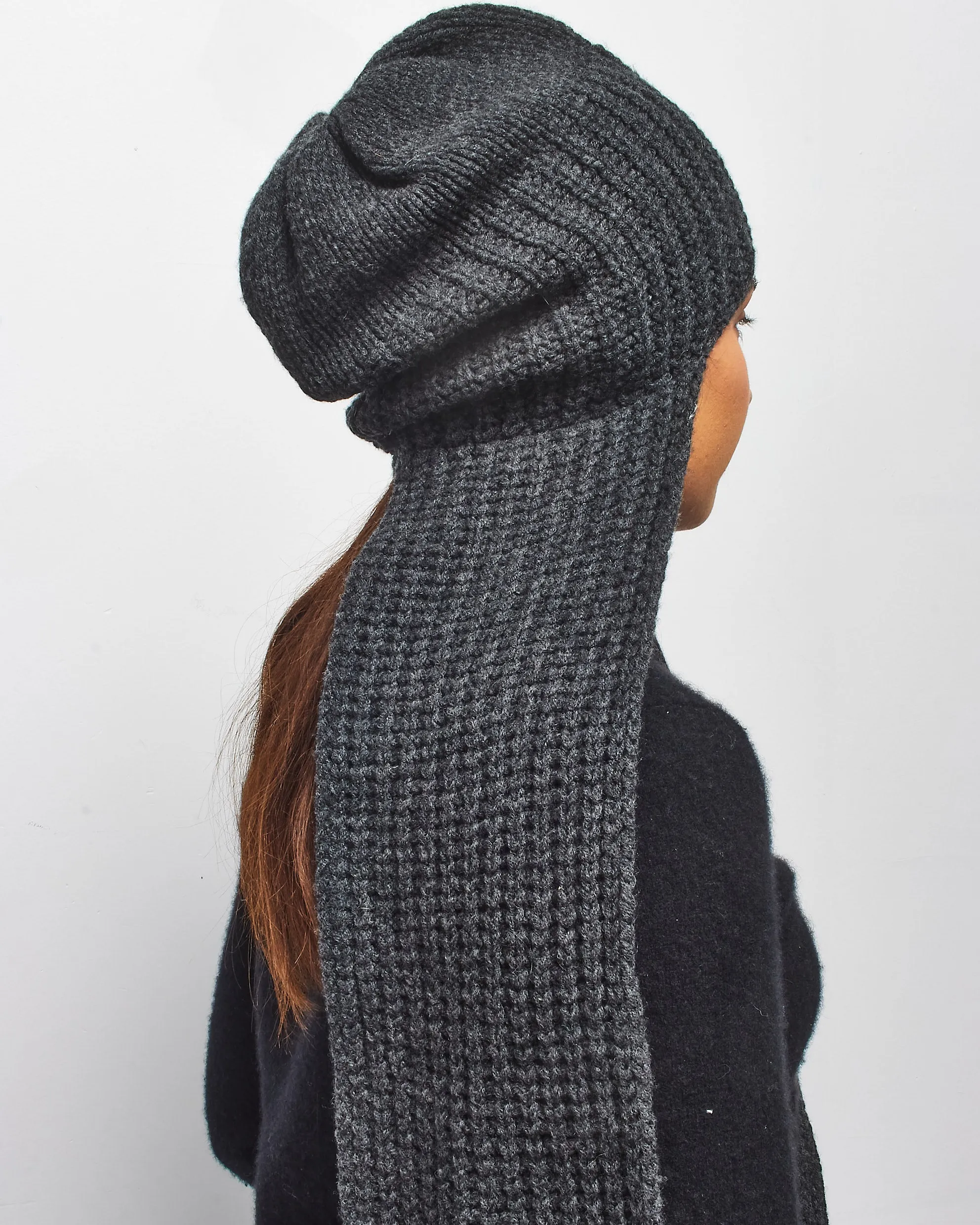Gucci Charcoal Wool Knit Interlocking G Logo Hooded Scarf