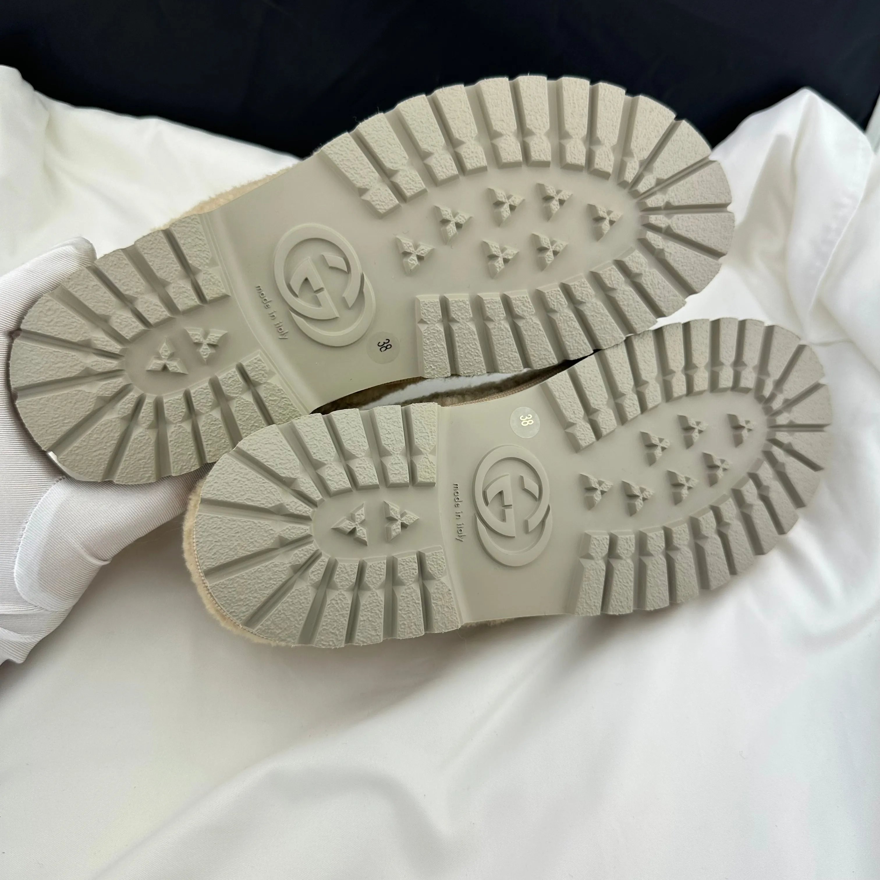 Gucci Interlocking GG Shearling Trim Loafers in Cream