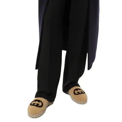 Gucci Interlocking GG Shearling Trim Loafers in Cream
