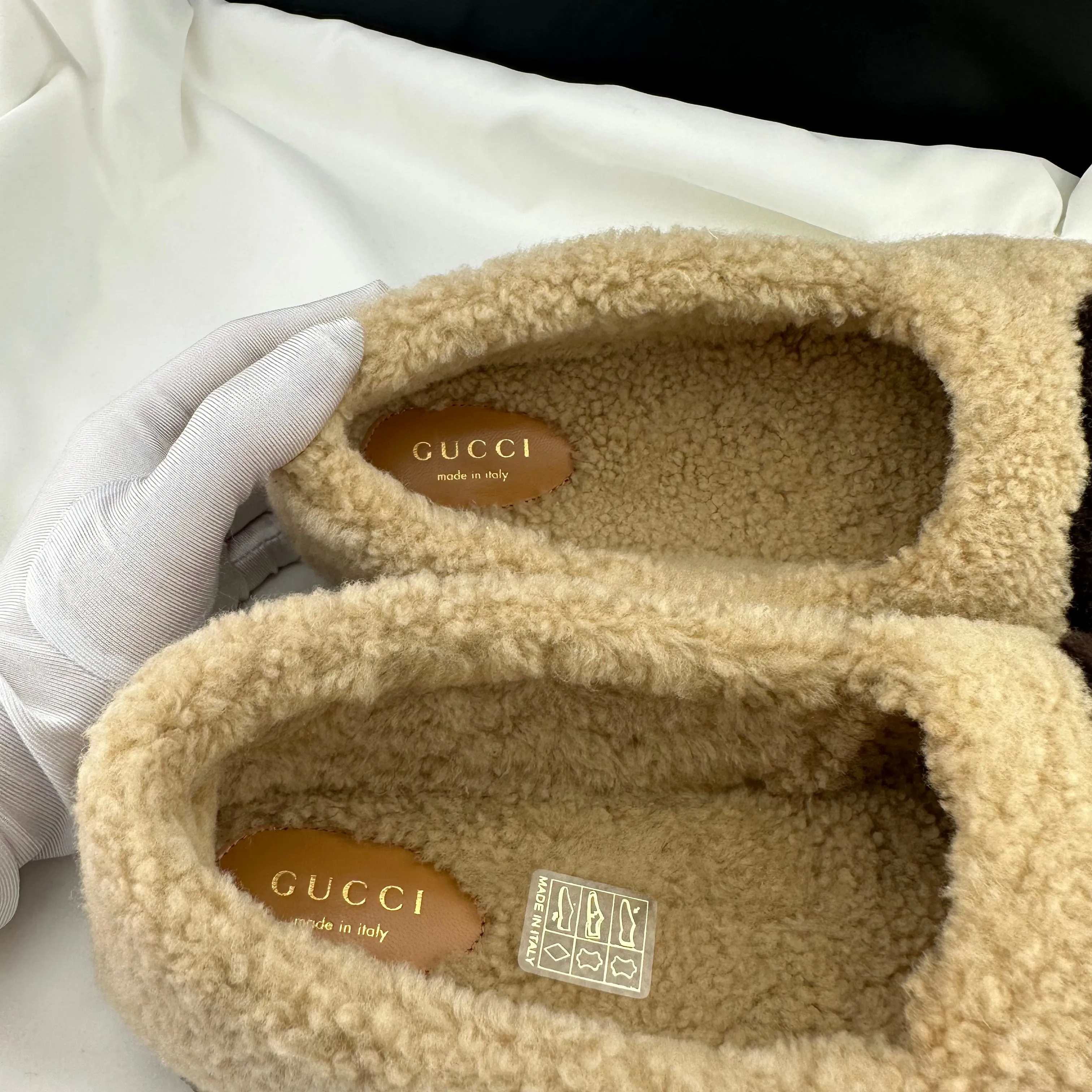 Gucci Interlocking GG Shearling Trim Loafers in Cream
