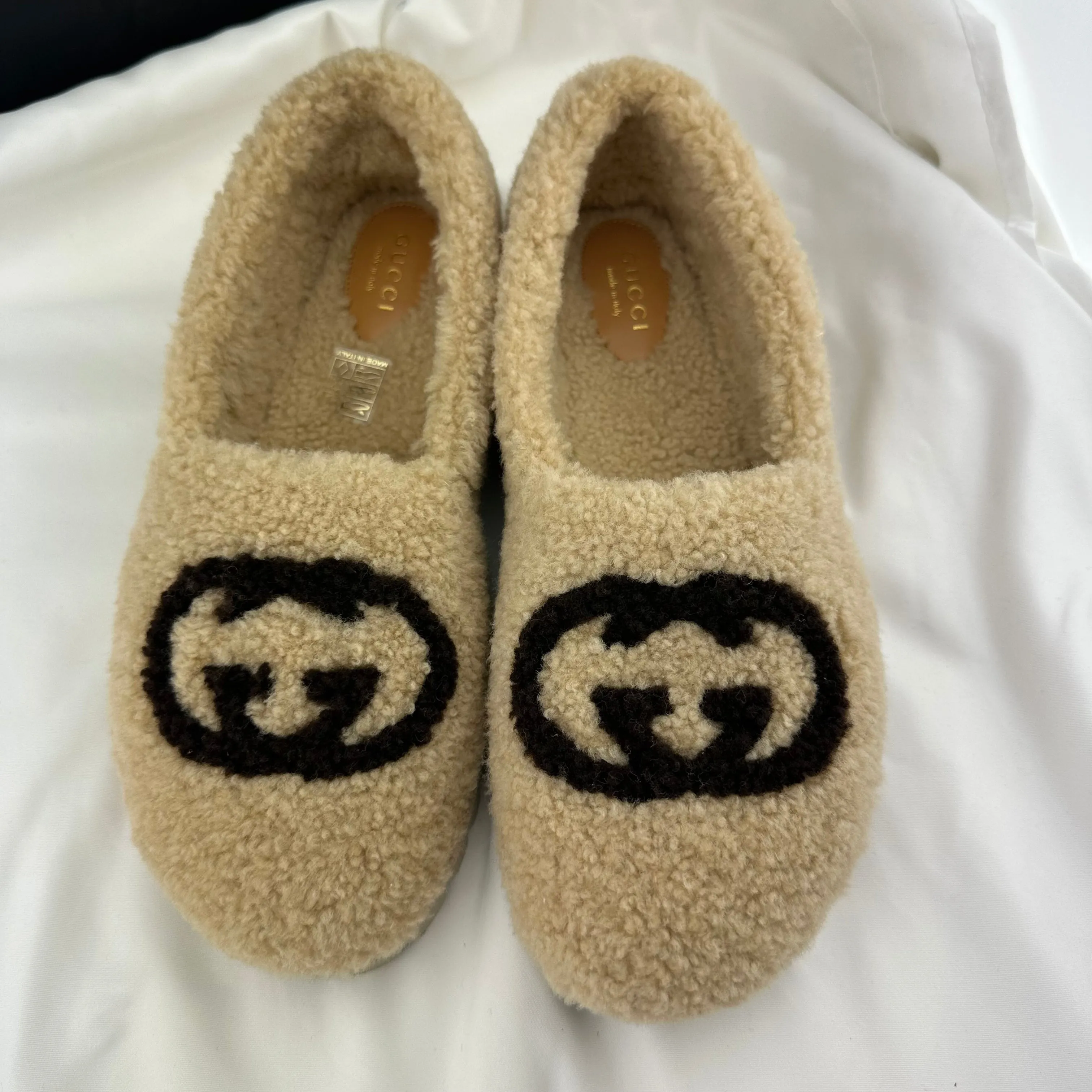 Gucci Interlocking GG Shearling Trim Loafers in Cream