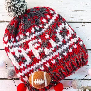 Hand Knit Ohio State Beanie - Scarlet and Gray Football Slouchy Hat for Buckeyes Fans