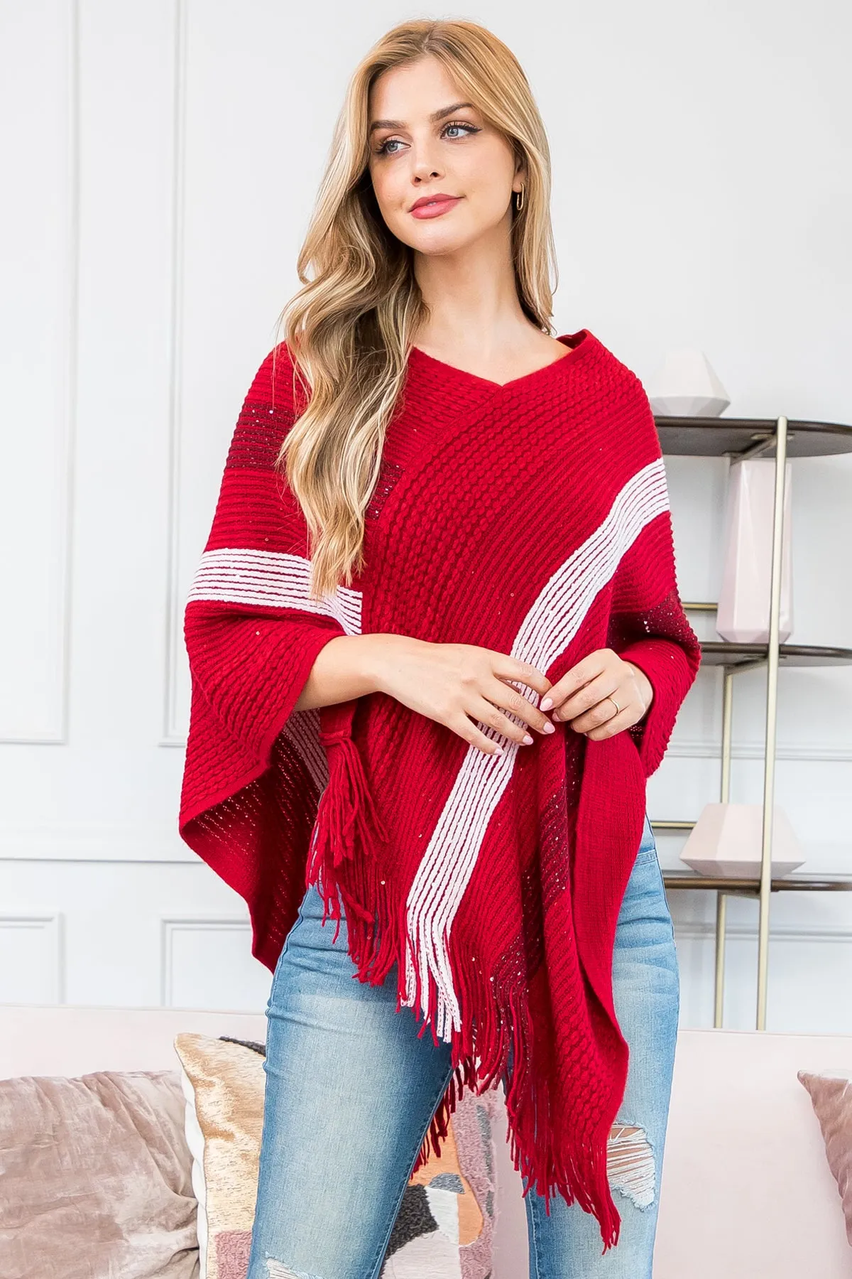 HDF3835 - Stripe Knit Fringe Poncho