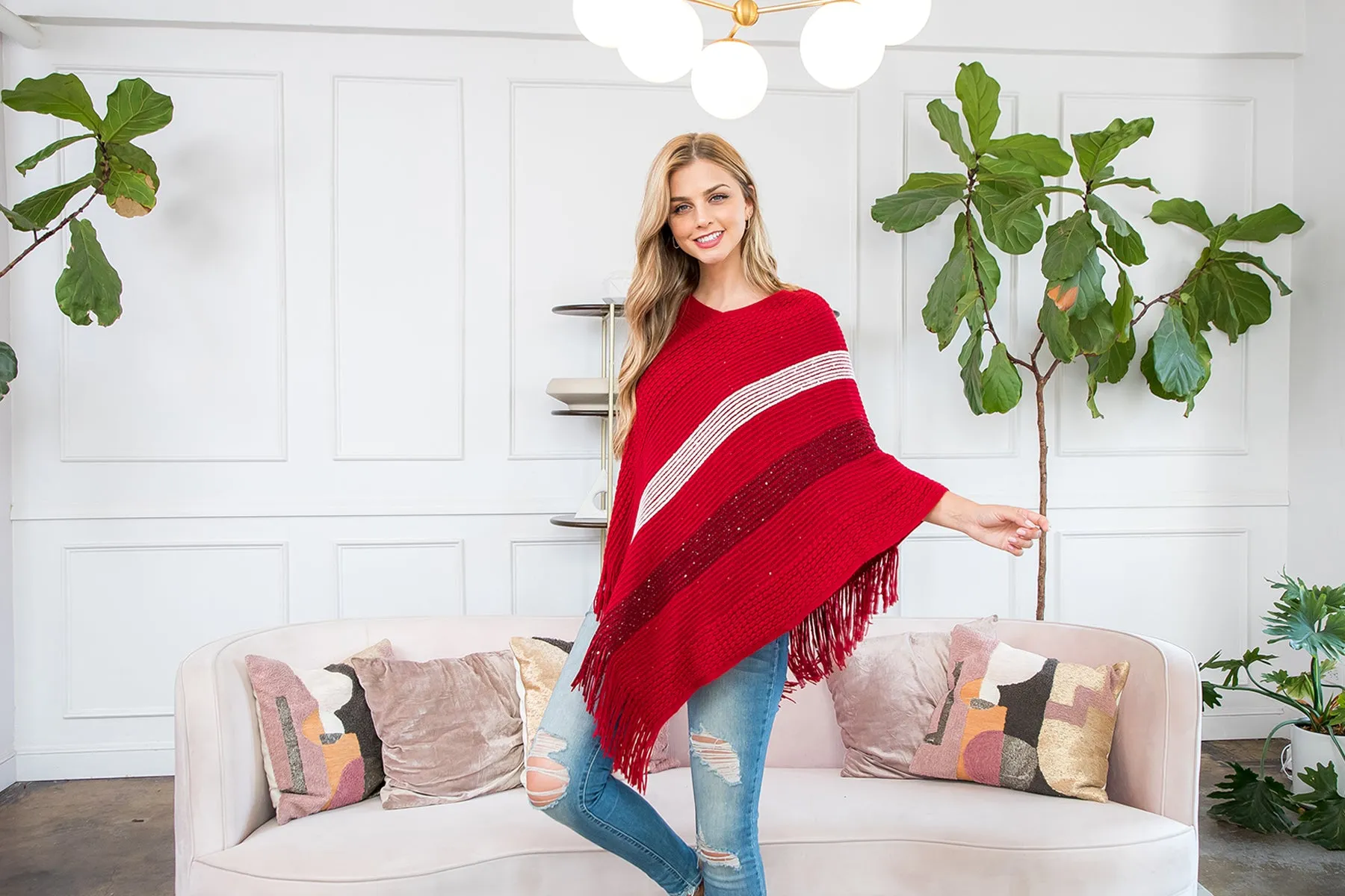 HDF3835 - Stripe Knit Fringe Poncho