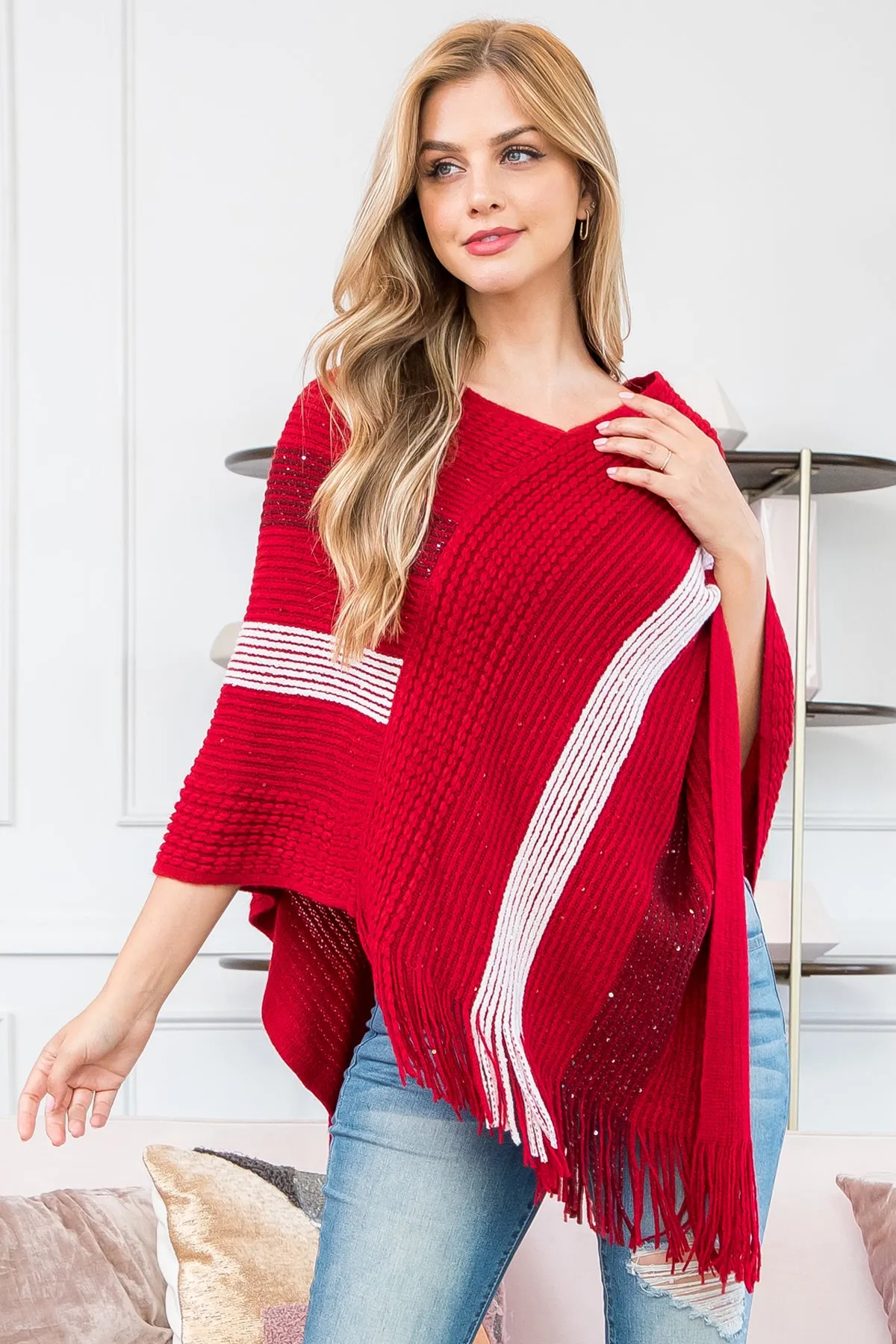 HDF3835 - Stripe Knit Fringe Poncho