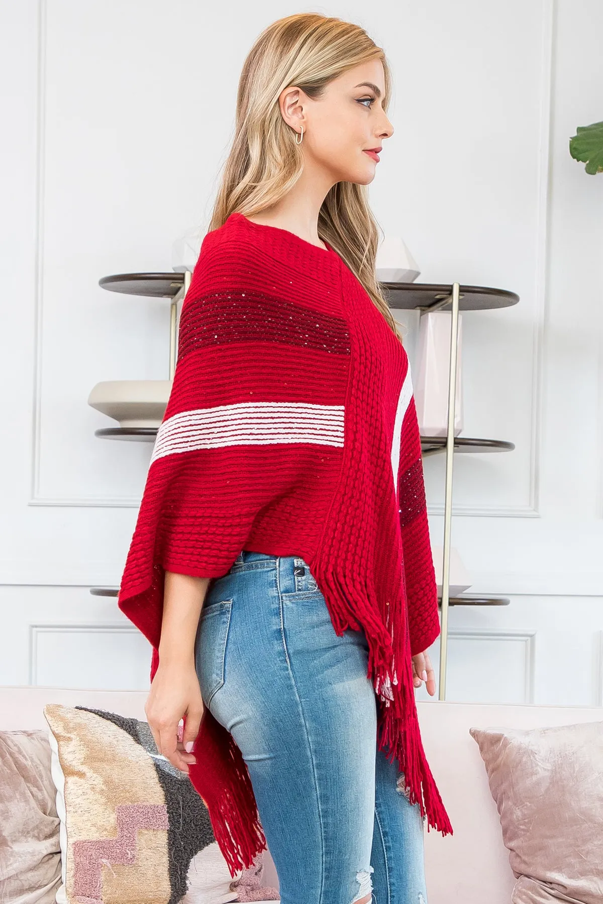 HDF3835 - Stripe Knit Fringe Poncho