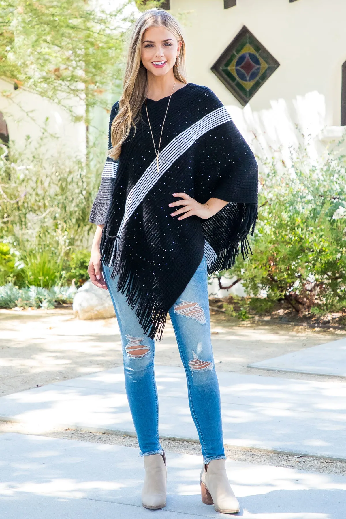 HDF3835 - Stripe Knit Fringe Poncho
