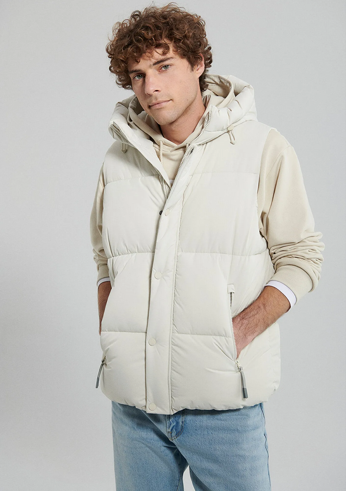 Hooded Beige Puffer Vest