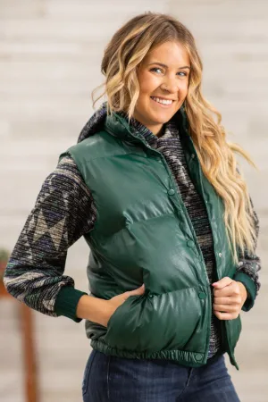 Hunter Green Faux Leather Puffer Vest