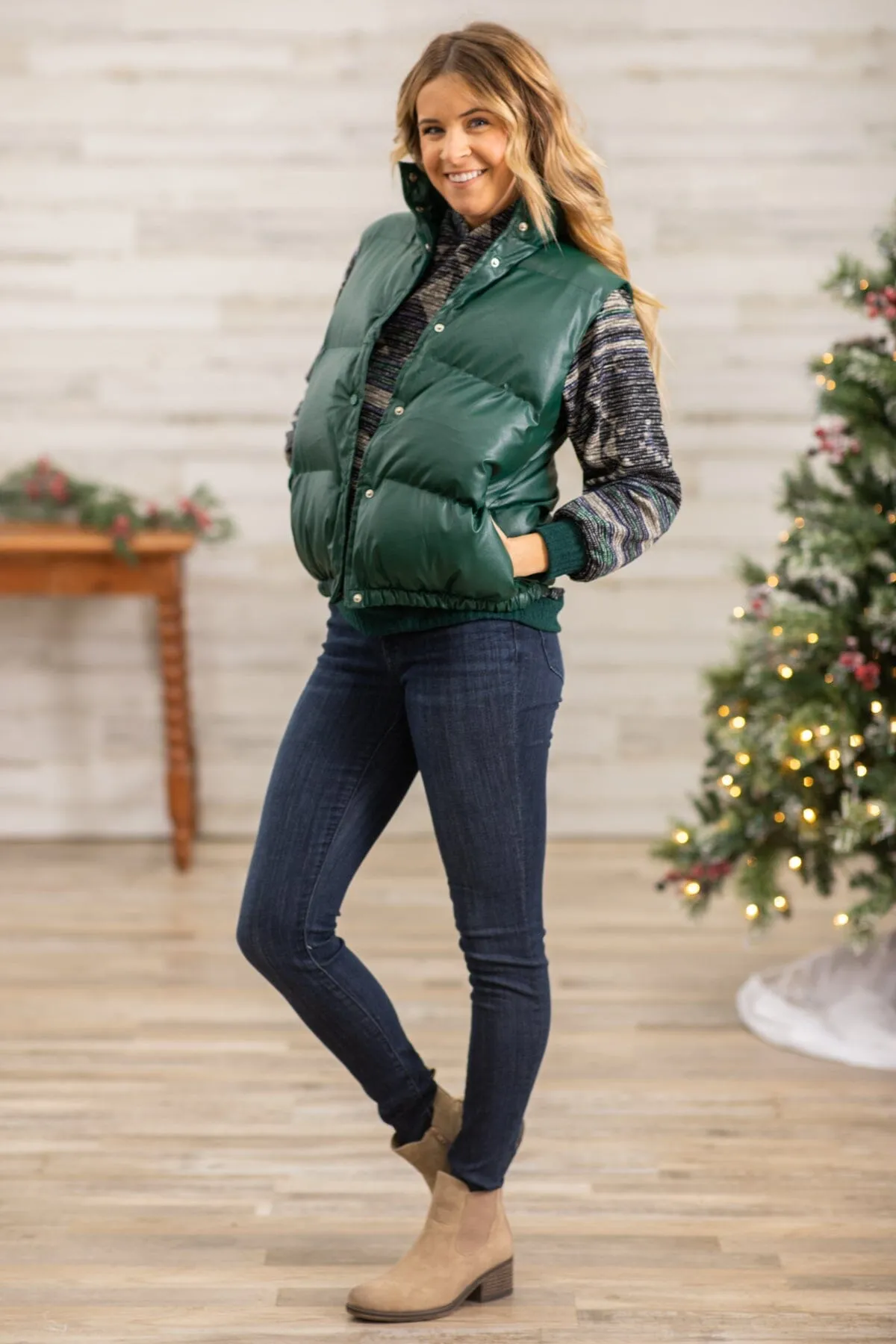 Hunter Green Faux Leather Puffer Vest