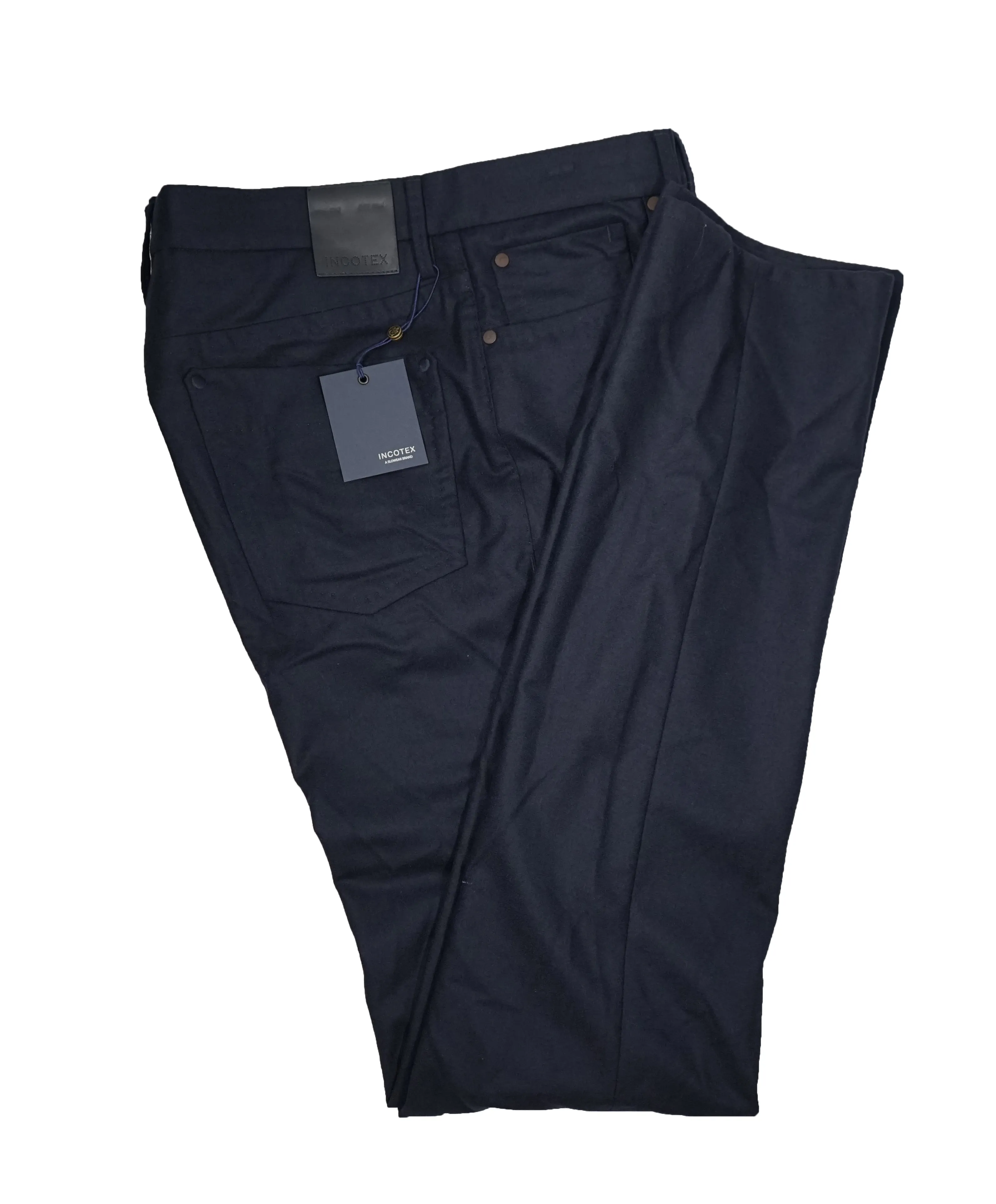 INCOTEX - CASHMERE WOOL Flat Front 5-Pocket Blue Flannel Logo Pants  - 33W