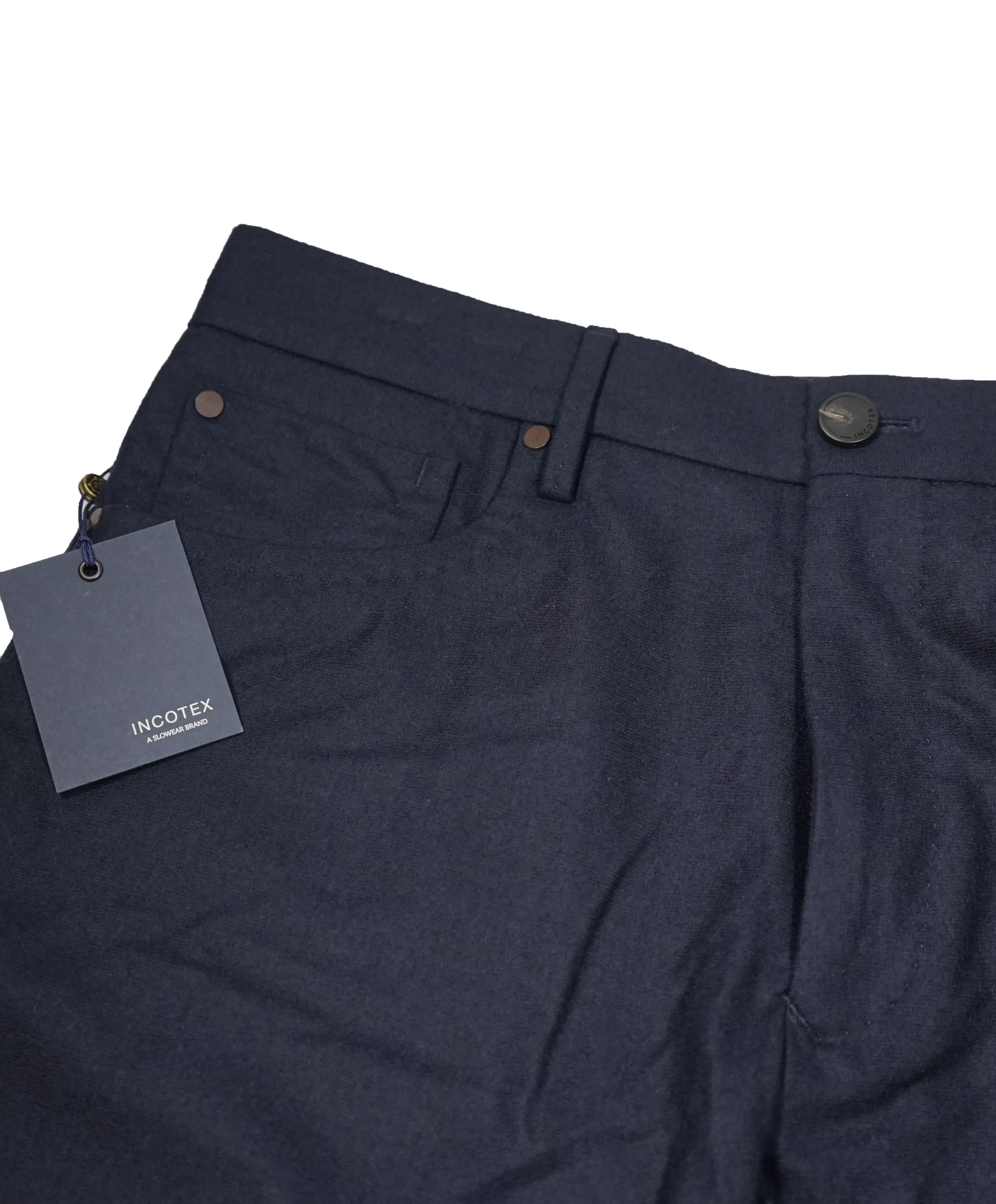 INCOTEX - CASHMERE WOOL Flat Front 5-Pocket Blue Flannel Logo Pants  - 33W