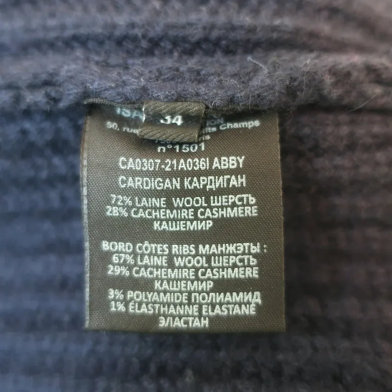 Isabel Marant Abby Zip-Up Cardigan Navy Cashmere-Wool Ribbed Knit Size 34