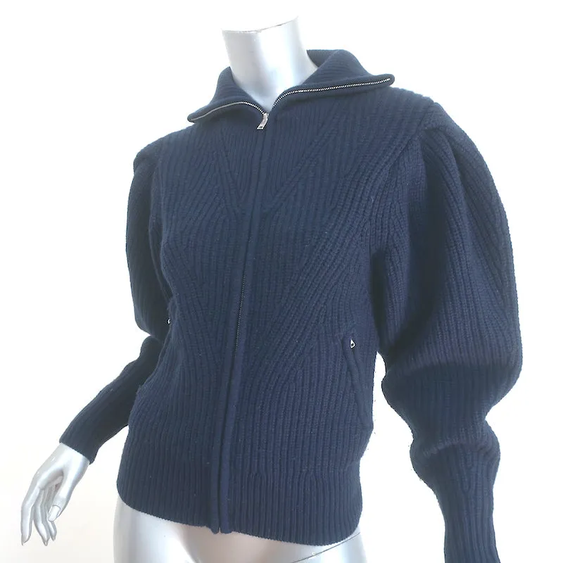 Isabel Marant Abby Zip-Up Cardigan Navy Cashmere-Wool Ribbed Knit Size 34