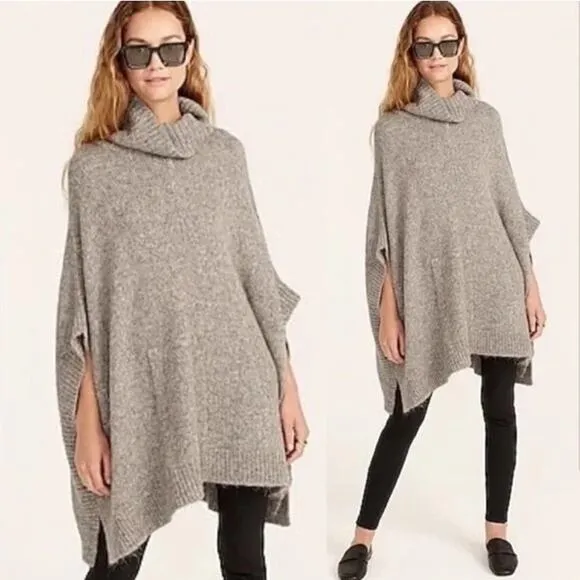 J. Crew Relaxed Turtleneck Poncho Sweater Wool Alpaca Oversized Chunky Knit Gray