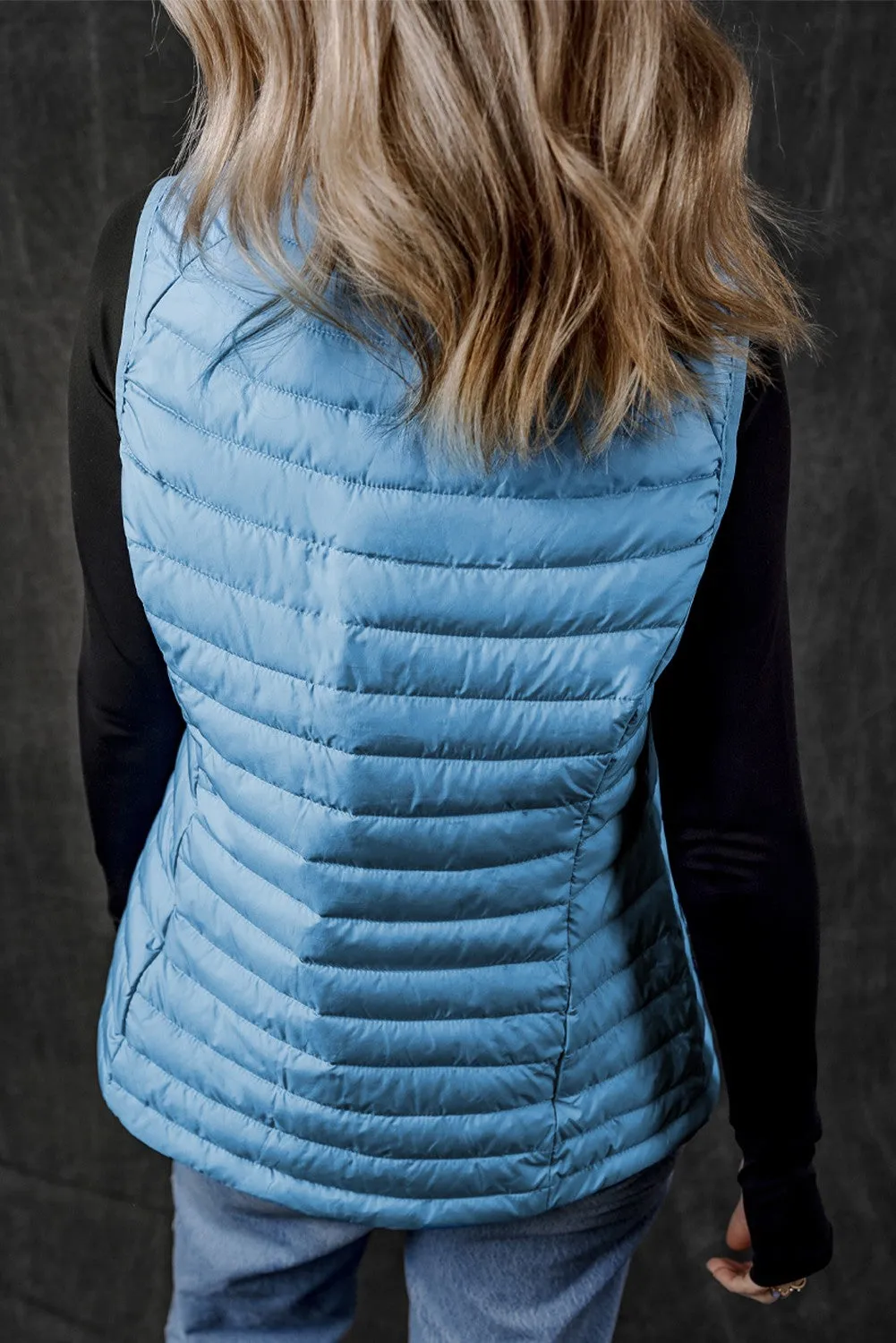 Jenkins Plush Collared Quilted Zipped Puffer Vest - Blue