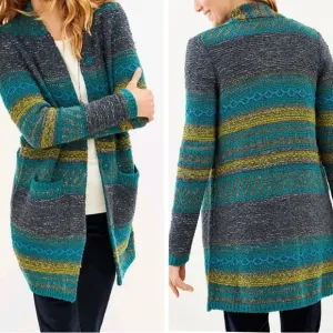 J.Jill chunky knit wool blend cardigan button up sweater green multicolored XL