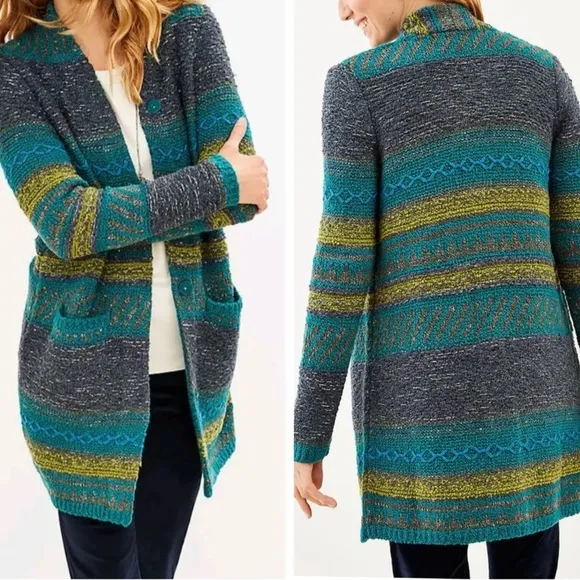 J.Jill chunky knit wool blend cardigan button up sweater green multicolored XL