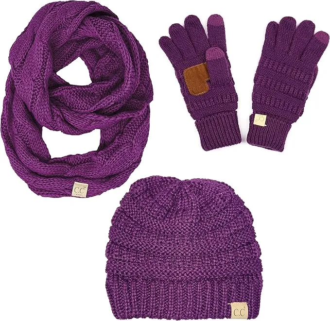 Kids 3 Pack Matching Set: Beanie, Infinity Scarf & Gloves - Dark Purple