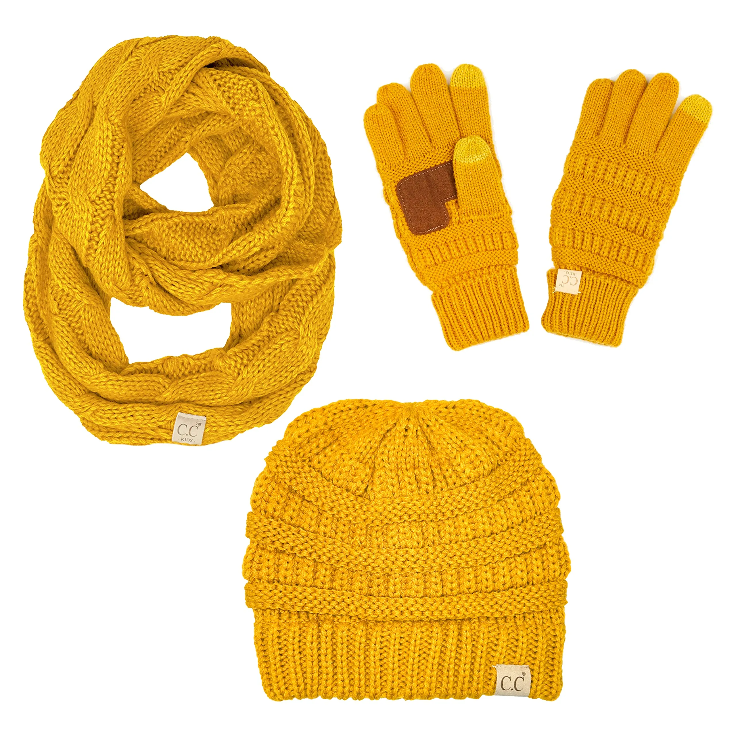 Kids 3 Pack Matching Set: Beanie, Infinity Scarf & Gloves - Mustard