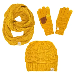 Kids 3 Pack Matching Set: Beanie, Infinity Scarf & Gloves - Mustard