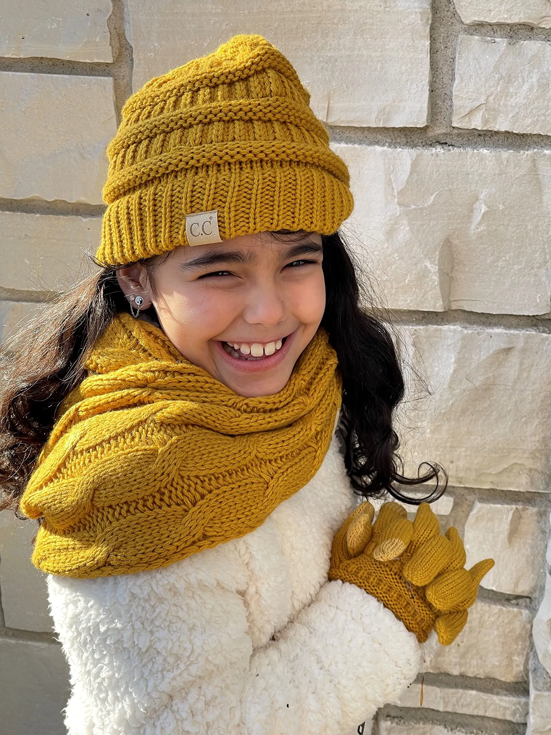 Kids 3 Pack Matching Set: Beanie, Infinity Scarf & Gloves - Mustard