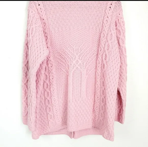 Kilronan knitwear Irish Merino Wool Chunky cable knit Cardigan Pink M